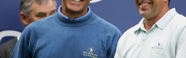 Seve Ballesteros (l.) und Jose Maria Olazabal Seve Ballesteros (l.) und Jose Maria Olazabal TEESSIDE, UNITED KINGDOM - SEPTEMBER 21:  Seve Ballesteros and Jose Maria Olazabal of Spain share a joke on the 1st tee during the Pro-Am for the 2005 Seve Trophy held at The Wynyard Club on September 21, 2005. Teesside, England.  (Photo by Richard Heathcote/Getty Images) *** Local Caption *** Seve Ballesteros;Jose Maria Olazabal