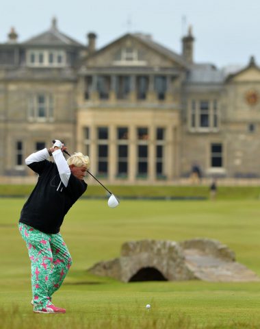 US golfer John Daly plays from the 18th tee during his first round 71, on the opening day of the 2015 British Open Golf Championship on The Old Course at St Andrews in Scotland, on July 16, 2015. AFP PHOTO / GLYN KIRK        (Photo credit should read GLYN KIRK/AFP/Getty Images)