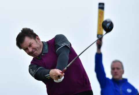 England's Nick Faldo plays from the 14th tee during his first round 83, on the opening day of the 2015 British Open Golf Championship on The Old Course at St Andrews in Scotland, on July 16, 2015. AFP PHOTO / BEN STANSALL        (Photo credit should read BEN STANSALL/AFP/Getty Images)