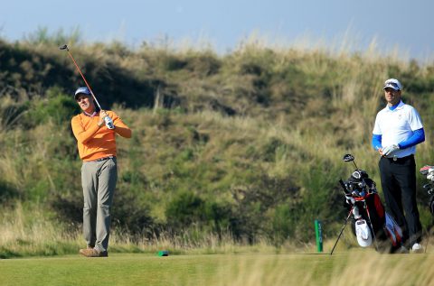 ST ANDREWS, SCOTLAND - SEPTEMBER 30: Richard Rayment of Germany watched by Michael Ballack of Germany the former German football star in action during final practice for the 2015 Alfred Dunhill Links Championship at Kingsbarns Golf Links on September 30, 2015 in St Andrews, Scotland.  (Photo by David Cannon/Getty Images)