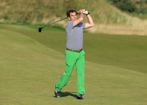 ST ANDREWS, SCOTLAND - SEPTEMBER 30:  Huey Lewis the American Rock legend in action during final practice for the 2015 Alfred Dunhill Links Championship at Kingsbarns Golf Links on September 30, 2015 in St Andrews, Scotland.  (Photo by David Cannon/Getty Images)