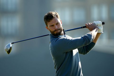 ST ANDREWS, SCOTLAND - SEPTEMBER 30:  British actor Jamie Dornan plays off the third tee during the final practice round of the 2015 Alfred Dunhill Links Championship at The Old Course on September 30, 2015 in St Andrews, Scotland.  (Photo by Ian Walton/Getty Images)