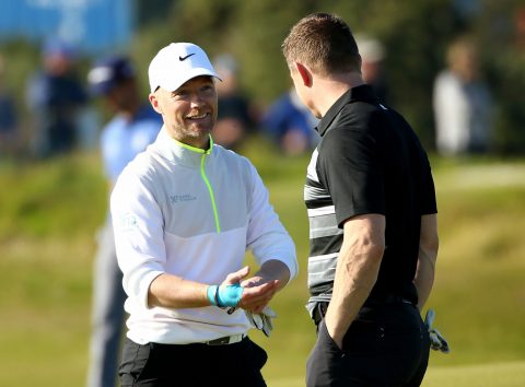 ST ANDREWS, SCOTLAND - SEPTEMBER 30:  Irish rugby legend Brian O'Driscoll chats with fellow countryman singer-songwriter Ronan Keating during the final practice round of the 2015 Alfred Dunhill Links Championship at The Old Course on September 30, 2015 in St Andrews, Scotland.  (Photo by Ian Walton/Getty Images)