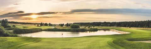 Das 7. Grün (Par 5, 455 Meter von gelb) des Schlossplatz im Golf & Country Club Fleesensee.