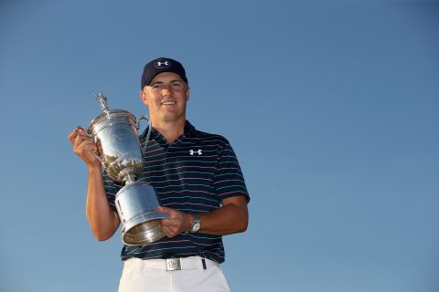 UNIVERSITY PLACE, WA - JUNE 21: Jordan Spieth of the United States poses with the trophy for photographers after winning the 115th U.S. Open Championship at Chambers Bay on June 21, 2015 in University Place, Washington. (Photo by Ezra Shaw/Getty Images)