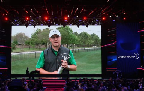 BERLIN, GERMANY - APRIL 18: Golfer Jordan Spieth poses with his Laureus World Breakthrough of the Year Award trophy via video during the 2016 Laureus World Sports Awards at the Messe Berlin on April 18, 2016 in Berlin, Germany. (Photo by Ian Walton/Getty Images for Laureus)
