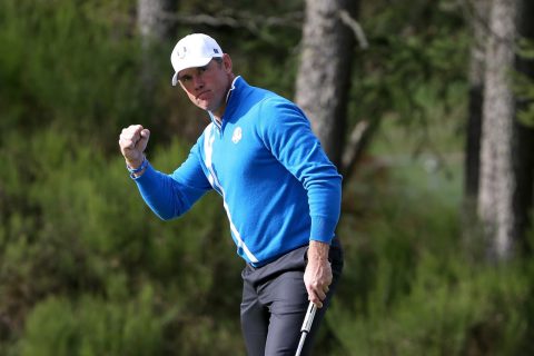 AUCHTERARDER, SCOTLAND - SEPTEMBER 26: Lee Westwood of Europe celebrates a birdie on the 6th green during the Afternoon Foursomes of the 2014 Ryder Cup on the PGA Centenary course at the Gleneagles Hotel on September 26, 2014 in Auchterarder, Scotland. (Photo by Ross Kinnaird/Getty Images)