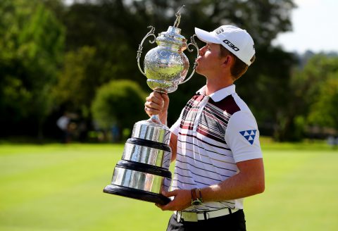 JOHANNESBURG, SOUTH AFRICA - JANUARY 10: Champion Brandon Stone of South Africa poses with the South African Open trophy following his victory in the BMW SA Open at Glendower Golf Club on January 10, 2016 in Johannesburg, South Africa. (Photo by Richard Heathcote/Getty Images)