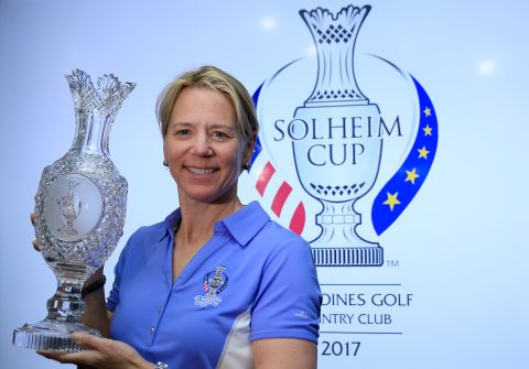 RANCHO MIRAGE, CA - MARCH 30: Annika Sorenstam of Sweden poses with the Solheim Cup during the press conference to announce her as the 2017 European Solheim Cup Captain held during the ANA Inspiration at Mission Hills Country Club on March 30, 2016 in Rancho Mirage, California. (Photo by David Cannon/Getty Images)