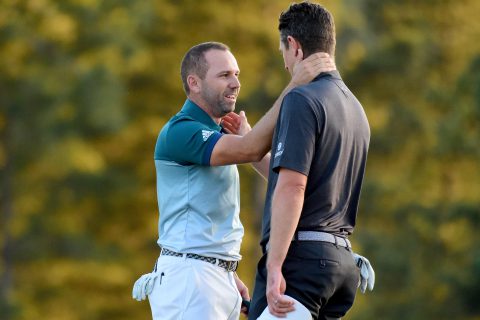 AUGUSTA, GA - APRIL 09: Justin Rose (R) of England congratulates Sergio Garcia (L) of Spain after Garcia won on the first playoff hole during the final round of the 2017 Masters Tournament at Augusta National Golf Club on April 9, 2017 in Augusta, Georgia. (Photo by Harry How/Getty Images)