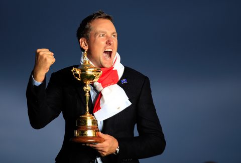 AUCHTERARDER, SCOTLAND - SEPTEMBER 28: Ian Poulter of Europe poses with the Ryder Cup trophy after the Singles Matches of the 2014 Ryder Cup on the PGA Centenary course at the Gleneagles Hotel on September 28, 2014 in Auchterarder, Scotland. (Photo by Harry How/Getty Images)