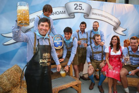 MUNICH, GERMANY - JUNE 21: (L-R) Jose Maria Olazabal, Thorbjon Olesen, Matteo Manasero, Pablo Larrazabal, Sergio Garcia, Dustin Johnson, Katarina Witt and Henrik Stenson attend the BMW International Open 25th Anniversary Party at Rilano No.6 Lenbach Palais on June 21, 2013 in Munich, Germany. (Photo by Alexander Hassenstein/Getty Images For BMW)