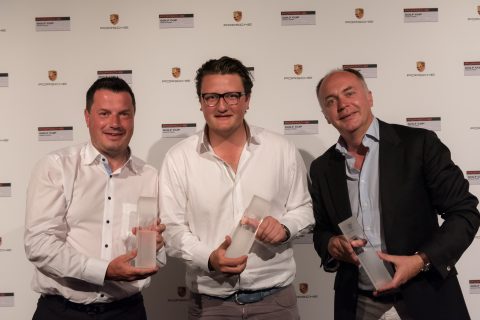 Porsche Golf Cup World Final 2017: Sieger der Nettoklassen - Rodolphe Combes (Großbritannien, Netto B), Jens Schröder (Deutschland, Netto A) und Arnaud Feneon (Frankreich, Netto C).