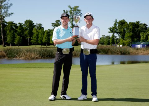 AVONDALE, LA - MAY 01: Jonas Blixt of Sweden and Cameron Smith of Australia pose with the trophy after winning in a sudden-death playoff during a continuation of the final round of the Zurich Classic at TPC Louisiana on May 1, 2017 in Avondale, Louisiana. (Photo by Marianna Massey/Getty Images)