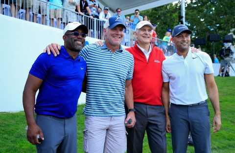 MADISON, WI - JUNE 24: Darius Rucker, Bret Favre, Andy North and Derek Jeter pose for a photo after playing in the Celebrity Foursome benefiting the American Family Children's Hospital during the second round of the American Family Insurance Championship held at University Ridge Golf Course on June 24, 2017 in Madison, Wisconsin. (Photo by Michael Cohen/Getty Images)