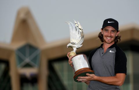 ABU DHABI, UNITED ARAB EMIRATES - JANUARY 22: Tommy Fleetwood of England celebrates with the winners trophy after the final round of the Abu Dhabi HSBC Championship at Abu Dhabi Golf Club on January 22, 2017 in Abu Dhabi, United Arab Emirates. (Photo by Ross Kinnaird/Getty Images)