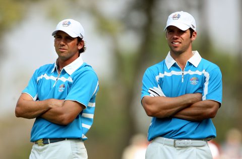 Paul Casey mit seinem Vierer-Partner Sergio Garcia (links) beim Ryder Cup 2008 in Valhalla.