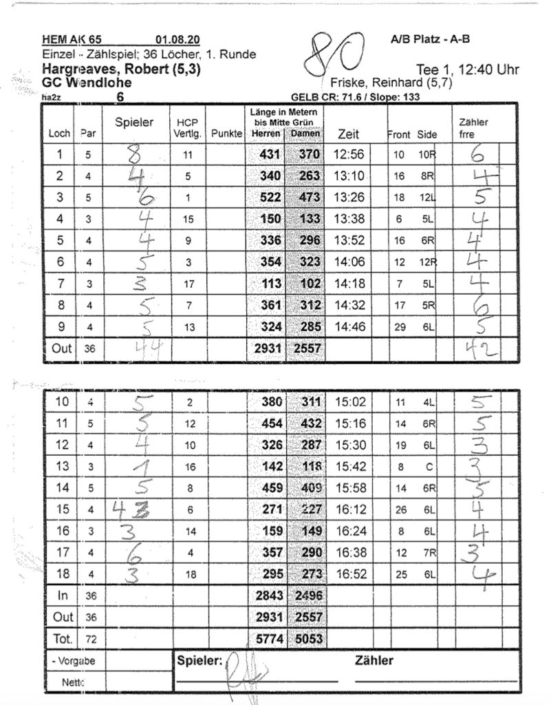 Scorekarte von Robert Hargreaves von Runde 1 der HEM AK65 mit einem Ass an der 13. Spielbahn im GC Hamburg Wendlohe..