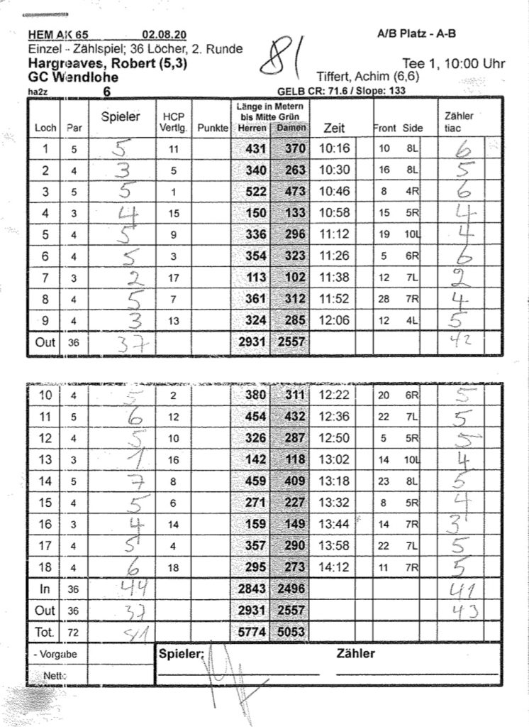 Scorekarte von Robert Hargreaves von Runde 2 der HEM AK65 mit einem Ass an der 13. Spielbahn im GC Hamburg Wendlohe.