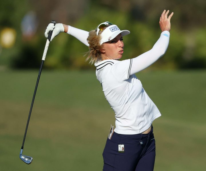 ORLANDO, FLORIDA - FEBRUARY 26: Sophia Popov of Germany plays her second shot on the 15th hole during the second round of the Gainnbridge LPGA at Lake Nona Golf and Country Club on February 26, 2021 in Orlando, Florida. (Photo by Cliff Hawkins/Getty Images)