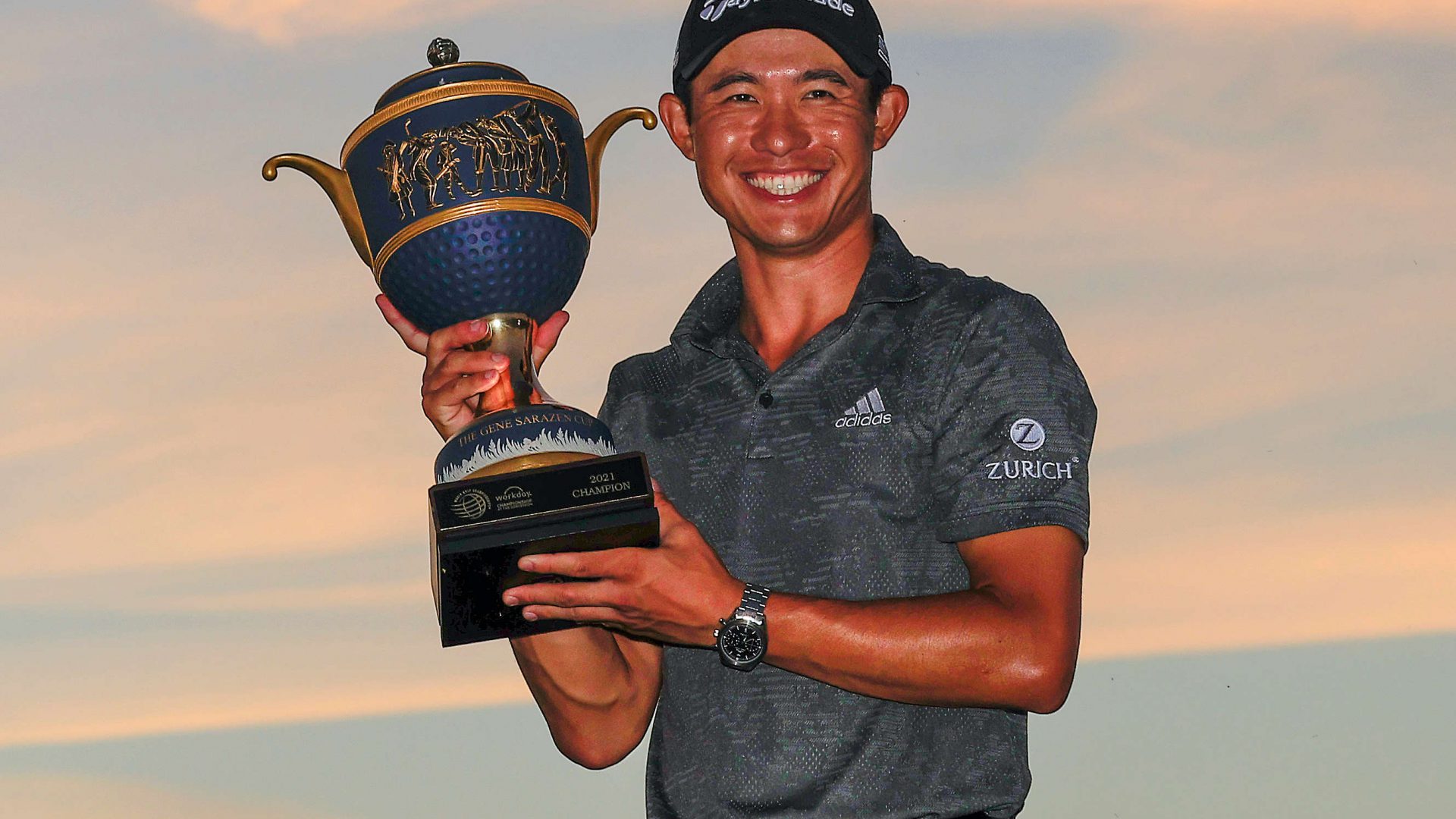 BRADENTON, FLORIDA - FEBRUARY 28: Collin Morikawa of the United States celebrates with the Gene Sarazen Cup during the trophy ceremony after winning the final round of World Golf Championships-Workday Championship at The Concession on February 28, 2021 in Bradenton, Florida. (Photo by Sam Greenwood/Getty Images)