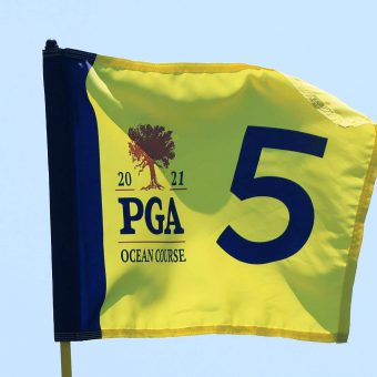 KIAWAH ISLAND, SOUTH CAROLINA - MAY 17: A pin flag is displayed on the fifth green during a practice round prior to the 2021 PGA Championship at Kiawah Island Resort's Ocean Course on May 17, 2021 in Kiawah Island, South Carolina. (Photo by Sam Greenwood/Getty Images)