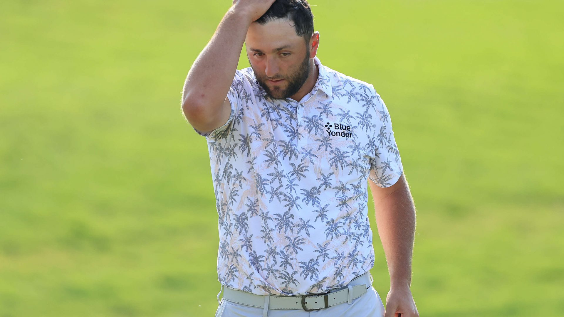 DUBLIN, OHIO - JUNE 05: Jon Rahm of Spain reacts as he walks off the 18th green after completing his third round of The Memorial Tournament at Muirfield Village Golf Club on June 05, 2021 in Dublin, Ohio. (Photo by Sam Greenwood/Getty Images)