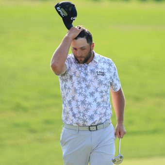 DUBLIN, OHIO - JUNE 05: Jon Rahm of Spain reacts as he walks off the 18th green after completing his third round of The Memorial Tournament at Muirfield Village Golf Club on June 05, 2021 in Dublin, Ohio. (Photo by Sam Greenwood/Getty Images)