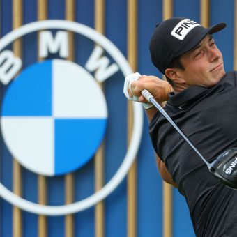 MUNICH, GERMANY - JUNE 26: Viktor Hovland of Norway tees off on the fourth hole during Day Three of The BMW International Open at Golfclub Munchen Eichenried on June 26, 2021 in Munich, Germany. (Photo by Andrew Redington/Getty Images)