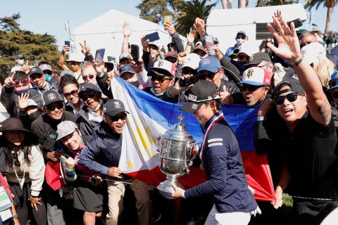 SAN FRANCISCO, CALIFORNIA - JUNE 06: Yuka Saso of the Philippines walks past fans with the Harton S. Semple Trophy after winning the 76th U.S. Women's Open Championship at The Olympic Club on June 06, 2021 in San Francisco, California. Saso won following a three-hole playoff against Nasa Hataoka of Japan. (Photo by Ezra Shaw/Getty Images)