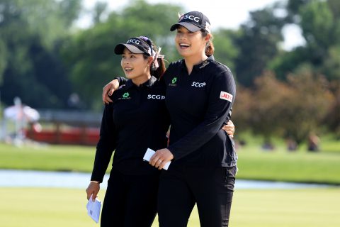 MIDLAND, MICHIGAN - JULY 17: Ariya Jutanugarn of Thailand (R) celebrates with her sister and teammate Moriya Jutanugarn after winning the Dow Great Lakes Bay Invitational at Midland Country Club on July 17, 2021 in Midland, Michigan. (Photo by Sam Greenwood/Getty Images)
