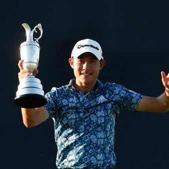 SANDWICH, ENGLAND - JULY 18: Open Champion, Collin Morikawa of United States celebrates with the Claret Jug on the 18th hole during Day Four of The 149th Open at Royal St George’s Golf Club on July 18, 2021 in Sandwich, England. (Photo by Oisin Keniry/Getty Images)