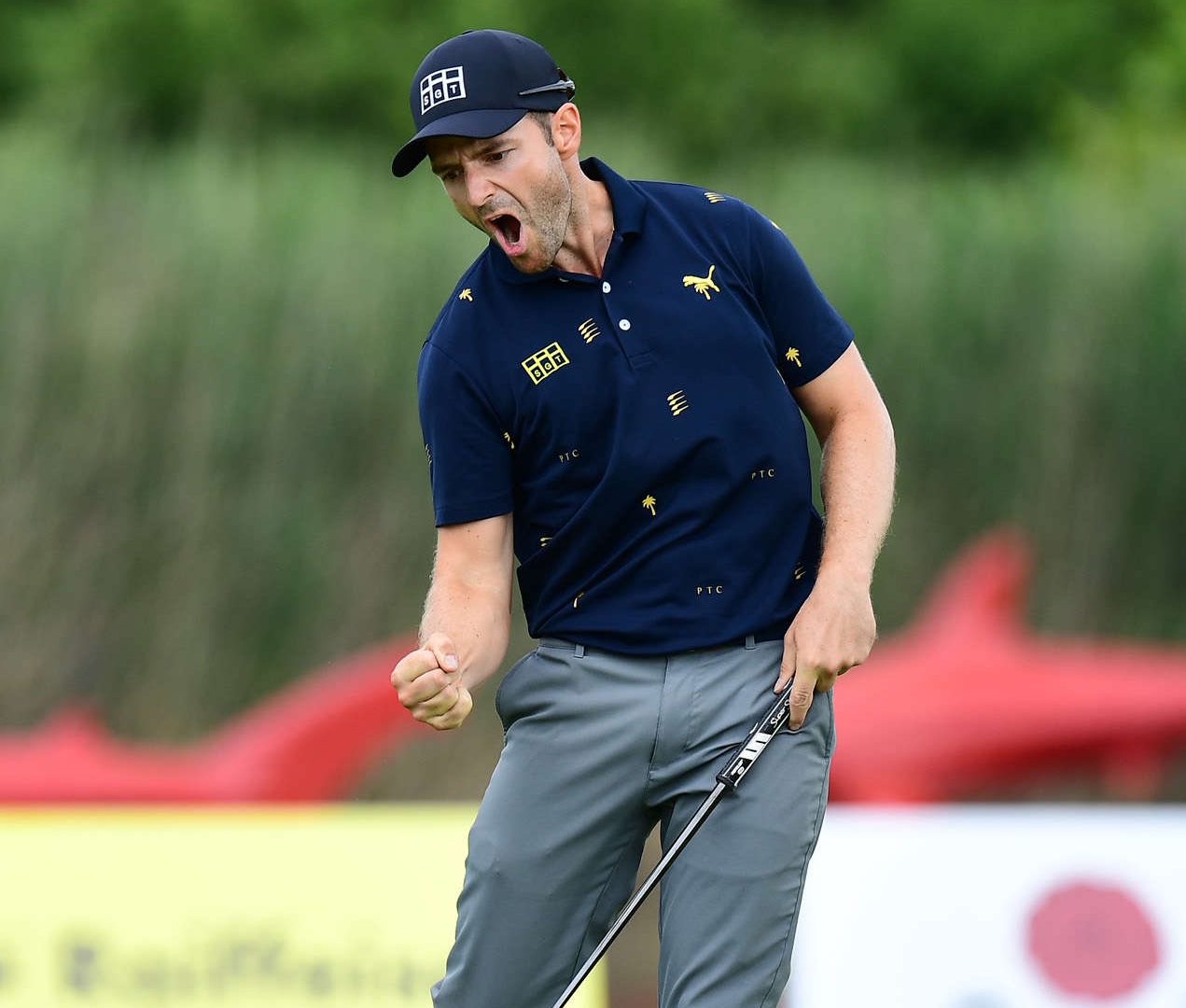 BRNO, CZECH REPUBLIC - JULY 04: Marcel Schneider of Germany celebrates after winning the Kaskada Golf Challenge during Day Four of the Kaskada Golf Challenge at Kaskada Golf Resort on July 04, 2021 in Brno, Czech Republic. (Photo by Johannes Simon/Getty Images)