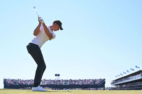 Germany's amateur golfer Matthias Schmid tees off on the 16th during his final round on day 4 of The 149th British Open Golf Championship at Royal St George's, Sandwich in south-east England on July 18, 2021. - RESTRICTED TO EDITORIAL USE (Photo by Glyn KIRK / AFP) / RESTRICTED TO EDITORIAL USE (Photo by GLYN KIRK/AFP via Getty Images)