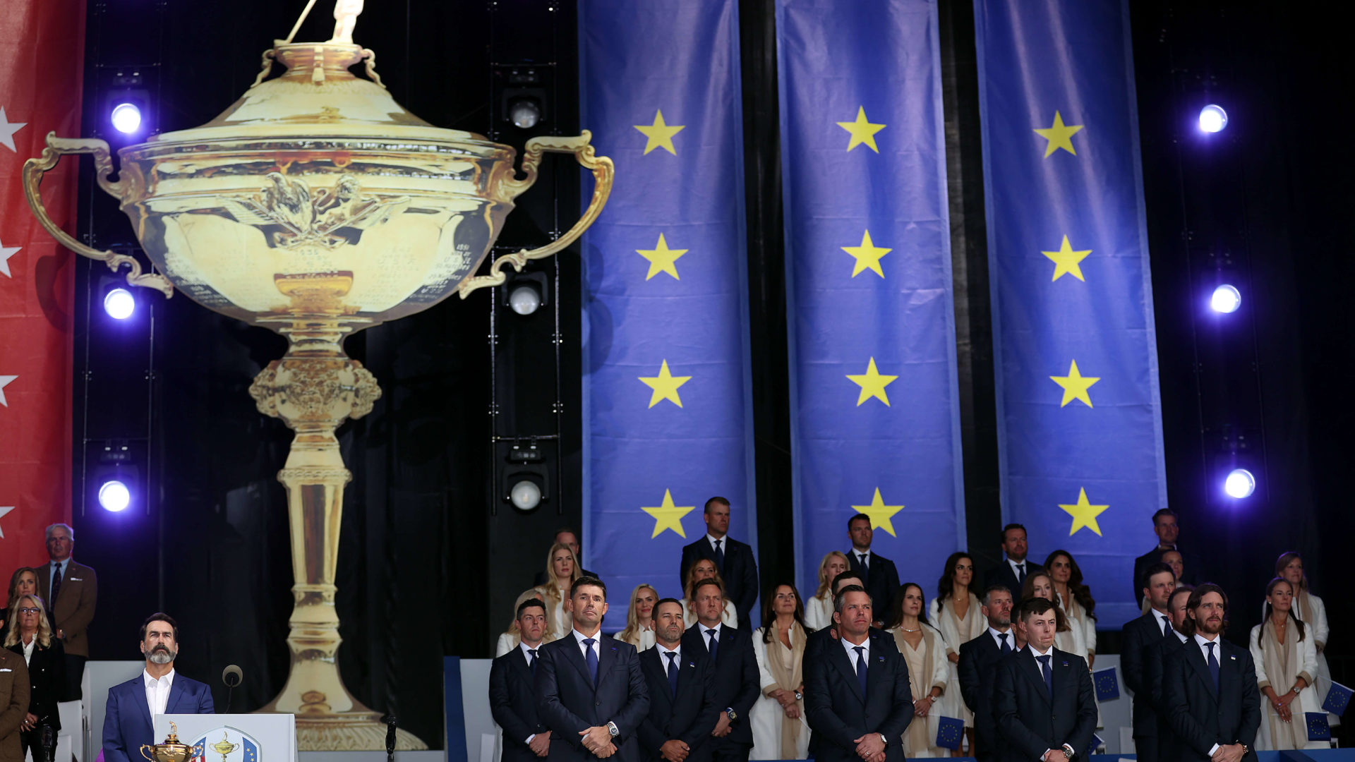 KOHLER, WISCONSIN - SEPTEMBER 23: Team Europe and their partners attend the opening ceremony for the 43rd Ryder Cup at Whistling Straits on September 23, 2021 in Kohler, Wisconsin.