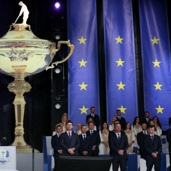 KOHLER, WISCONSIN - SEPTEMBER 23: Team Europe and their partners attend the opening ceremony for the 43rd Ryder Cup at Whistling Straits on September 23, 2021 in Kohler, Wisconsin.