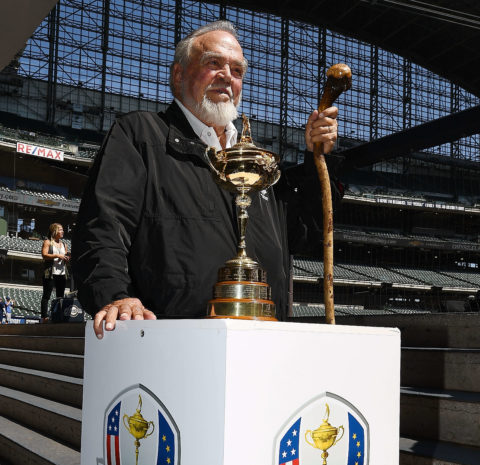 Chairman of the Kohler Company Herb Kohler poses with the Ryder Cup Trophy