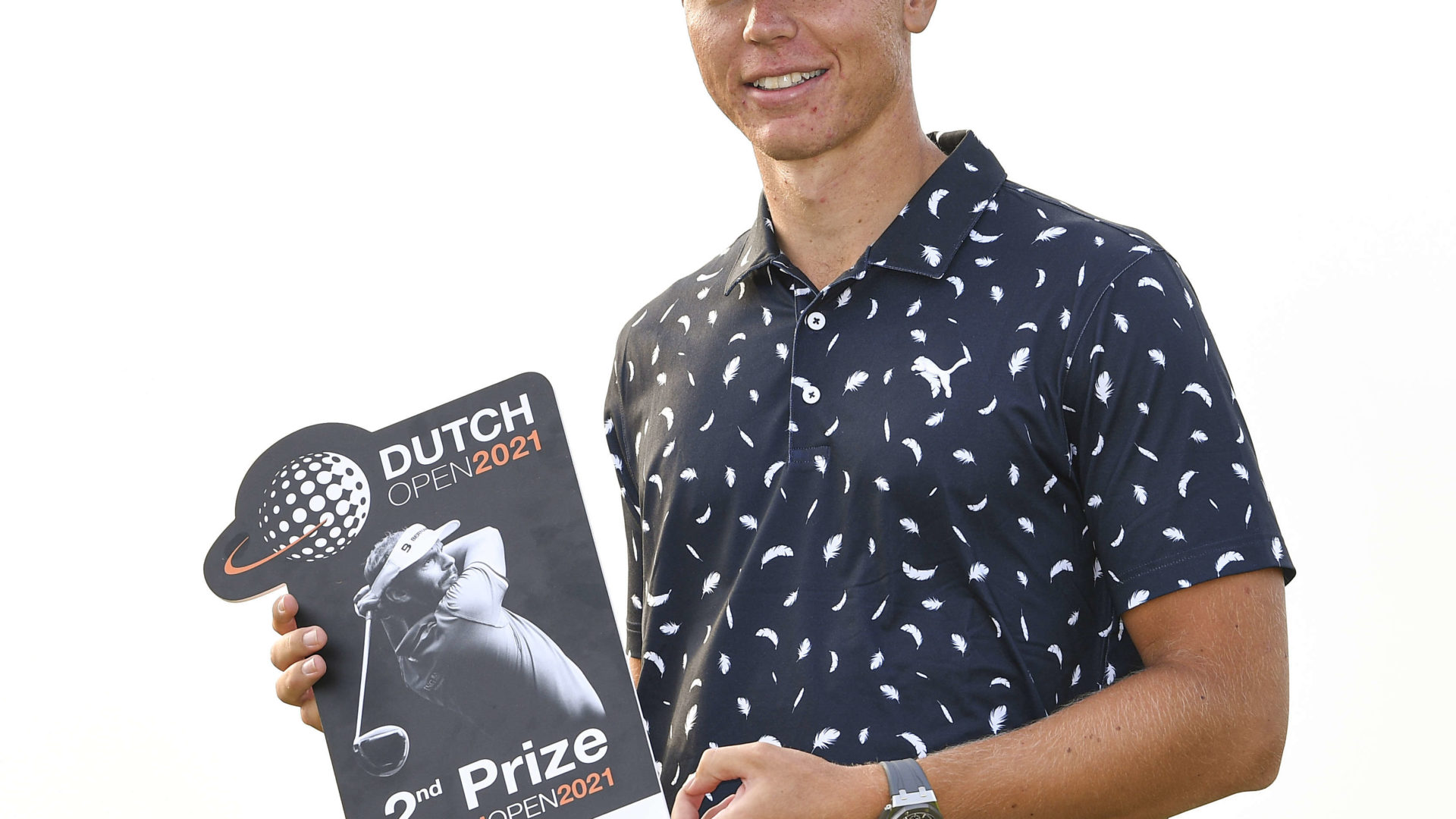 'S-HERTOGENBOSCH, NETHERLANDS - SEPTEMBER 19: Matthias Schmid of Germany poses with the second place prize during Day Four of the Dutch Open at Bernardus Golf on September 19, 2021 in Cromvoirt, 's-Hertogenbosch, Netherlands. (Photo by Octavio Passos/Getty Images)