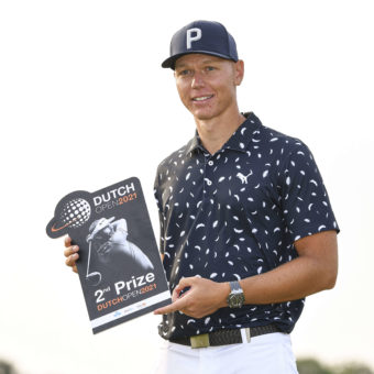 'S-HERTOGENBOSCH, NETHERLANDS - SEPTEMBER 19: Matthias Schmid of Germany poses with the second place prize during Day Four of the Dutch Open at Bernardus Golf on September 19, 2021 in Cromvoirt, 's-Hertogenbosch, Netherlands. (Photo by Octavio Passos/Getty Images)