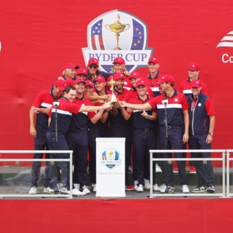 KOHLER, WISCONSIN - SEPTEMBER 26: Team United States celebrates with the Ryder Cup after defeating Team Europe 19 to 9 in the 43rd Ryder Cup at Whistling Straits on September 26, 2021 in Kohler, Wisconsin. (Photo by Stacy Revere/Getty Images)