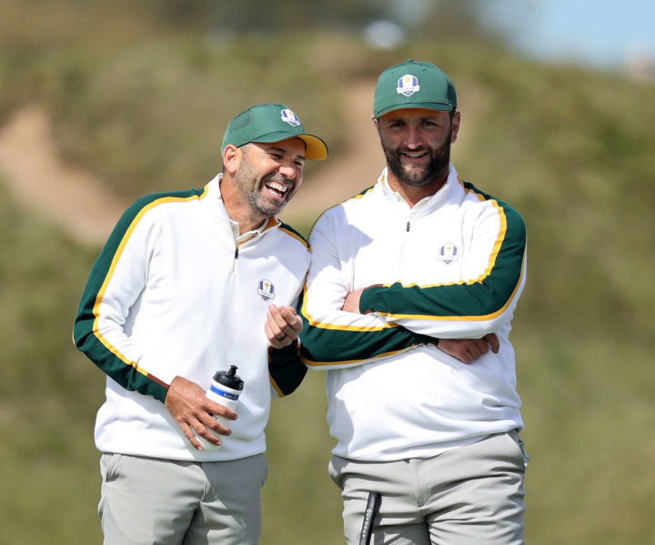 KOHLER, WISCONSIN - SEPTEMBER 22: Sergio Garcia of Spain and team Europe and Jon Rahm of Spain and team Europe laugh during a practice round prior to the 43rd Ryder Cup at Whistling Straits on September 22, 2021 in Kohler, Wisconsin. (Photo by Warren Little/Getty