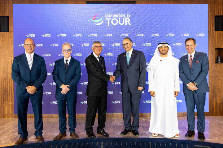 Guy Kinnings, Deputy CEO European Tour group, Ryder Cup Director and Chief Commercial Officer, Keith Pelley, Chief Executive of the European Tour group, David Williams, Chairman of the European Tour group, Yuvraj Narayan, Group Chief Financial, Strategy and Business Officer, DP World, Abdulla Bin Damithan, CEO and Managing Director of DP World UAE, and Daniel van Otterdijk, Chief Communications Officer, DP World, must be credited to Getty Images