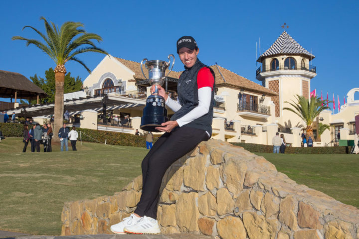 28/11/2021. Ladies European Tour 2021. Andalucia Costa Del Sol Open De Espana, Los Naranjos Golf Club, Andalucia, Spain. November 25-28 2021. Carlota Ciganda of Spain with her trophy. Credit: Tristan Jones/LET