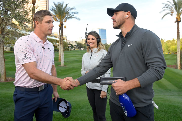 tour news LAS VEGAS, NEVADA - NOVEMBER 26: Bryson DeChambeau (L) and Brooks Koepka shake hands after Koepka won their match during Capital One's The Match V: Bryson v Brooks at Wynn Golf Course on November 26, 2021 in Las Vegas, Nevada. (Photo by David Becker/Getty Images for The Match)