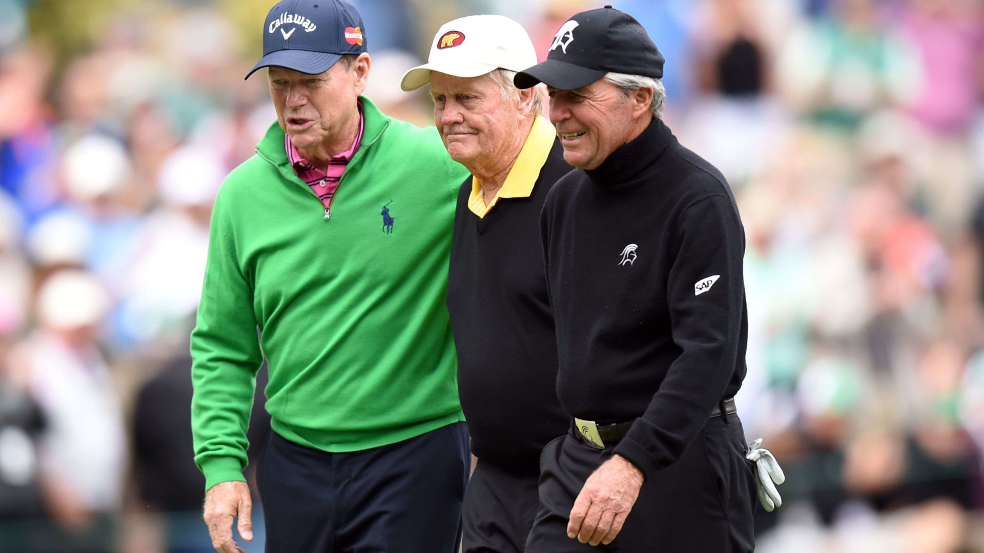 (L-R) Tom Watson, Jack Nicklaus and Gary Player walk together during the Par 3 contest prior to the start of the 80th Masters of Tournament at the Augusta National Golf Club on April 6, 2016, in Augusta, Georgia. / AFP / Jim Watson (Photo credit should read JIM WATSON/AFP via Getty Images)