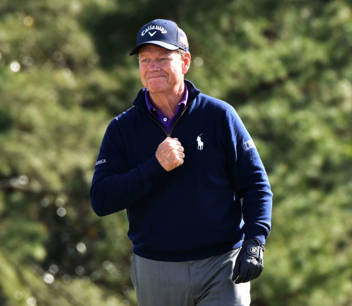 US golfer Tom Watson reacts as he arrives on the 18th green during Round 2 of the 80th Masters Golf Tournament at the Augusta National Golf Club on April 8, 2016, in Augusta, Georgia. The 66-year-old, eight-time major champion Tom Watson, said this will be his last Masters. / AFP / Nicholas Kamm (Photo credit should read NICHOLAS KAMM/AFP via Getty Images)