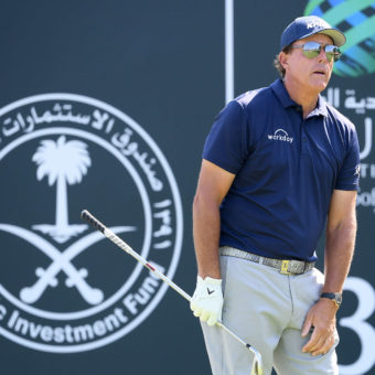 KAEC, SAUDI ARABIA - FEBRUARY 06: Phil Mickelson of the USA in action during the third round of the Saudi International powered by SoftBank Investment Advisers at Royal Greens Golf and Country Club on February 06, 2021 in King Abdullah Economic City, Saudi Arabia. (Photo by Ross Kinnaird/Getty Images)