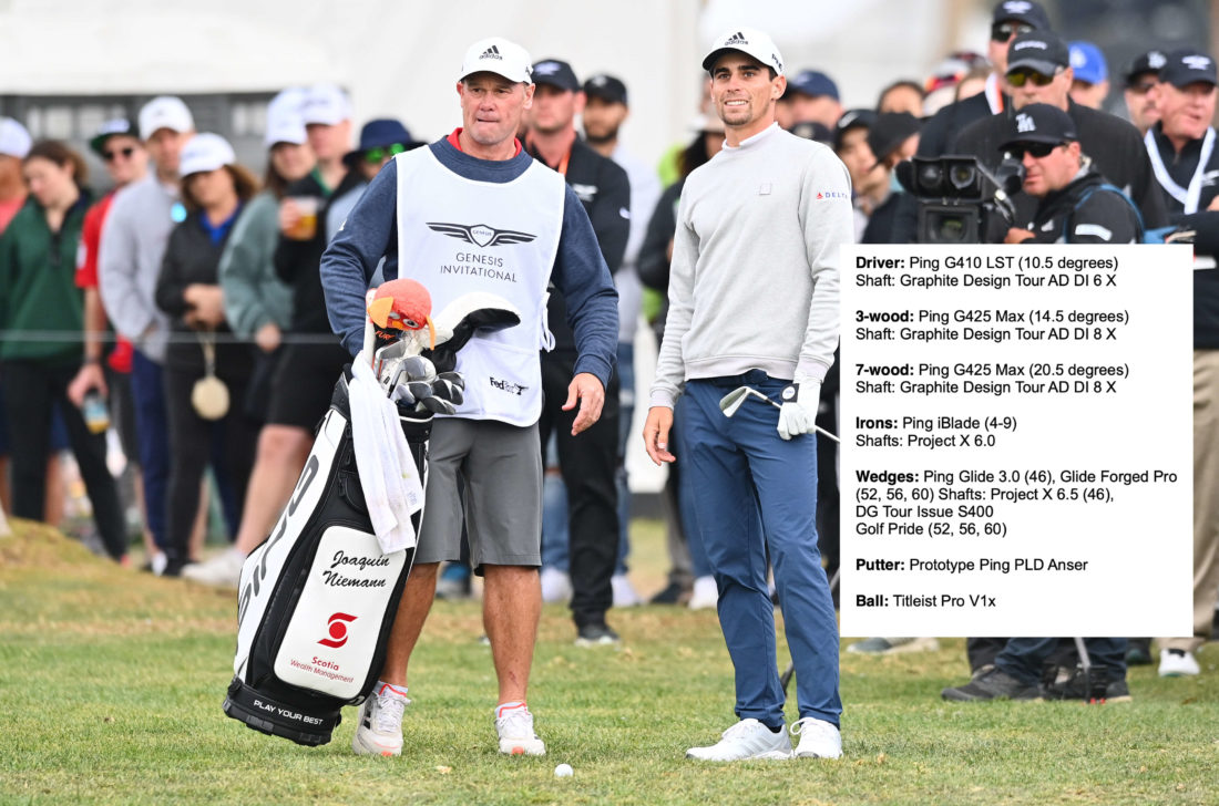 PACIFIC PALISADES, CA - FEBRUARY 20: Joaquin Niemann looks on with his caddie Gary Mathews during the final round of The Genesis Invitational on February 20, 2022, at Riviera Country Club in Pacific Palisades, CA. (Photo by Brian Rothmuller/Icon Sportswire via Getty Images)