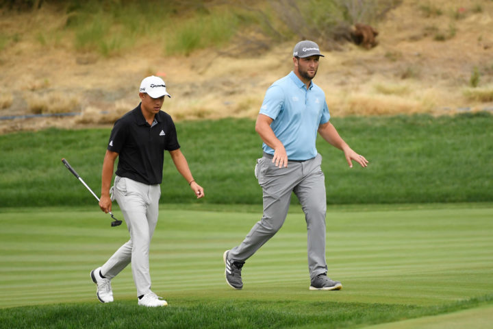 THOUSAND OAKS, CALIFORNIA - OCTOBER 24: Collin Morikawa of the United States and Jon Rahm of Spain walk on the eighth hole during the third round of the Zozo Championship @ Sherwood on October 24, 2020 in Thousand Oaks, California. (Photo by Harry How/Getty Images)