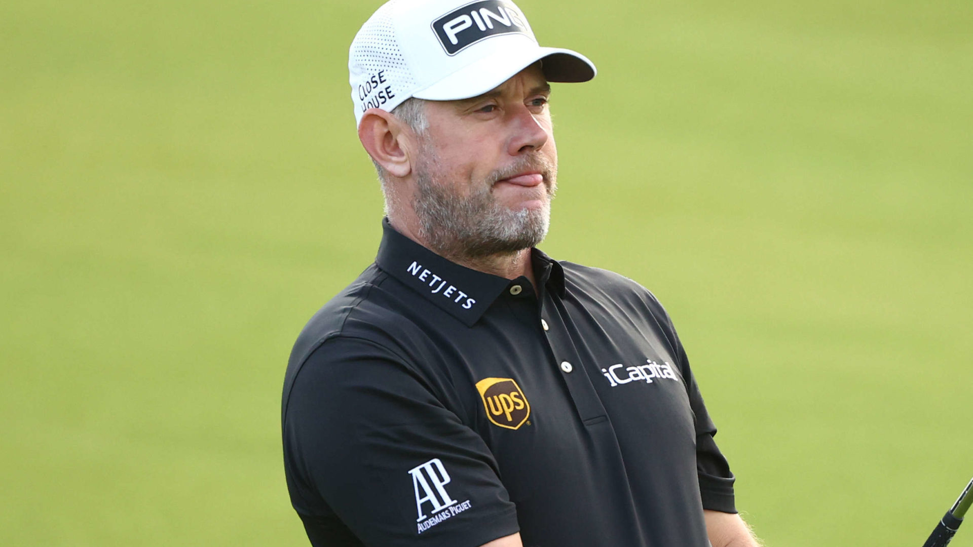 ABU DHABI, UNITED ARAB EMIRATES - JANUARY 19: Lee Westwood of England lines up an approach shot during a practice round prior to the Abu Dhabi HSBC Championship at Yas Links Golf Course on January 19, 2022 in Abu Dhabi, United Arab Emirates. (Photo by Francois Nel/Getty Images)